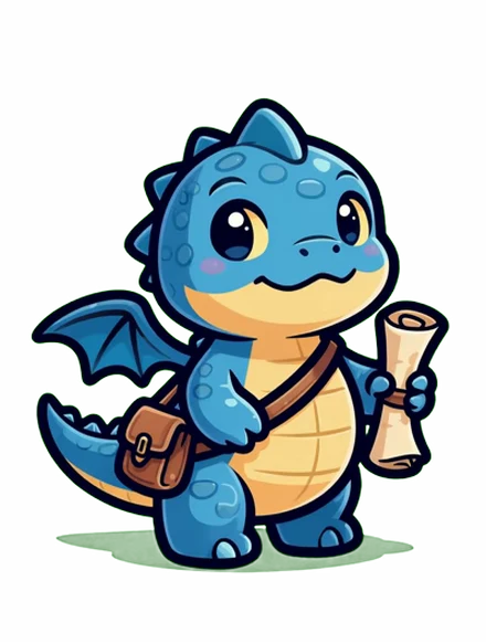 Daviel, the friendly blue MathQuest dragon, holding a rolled quest scroll.