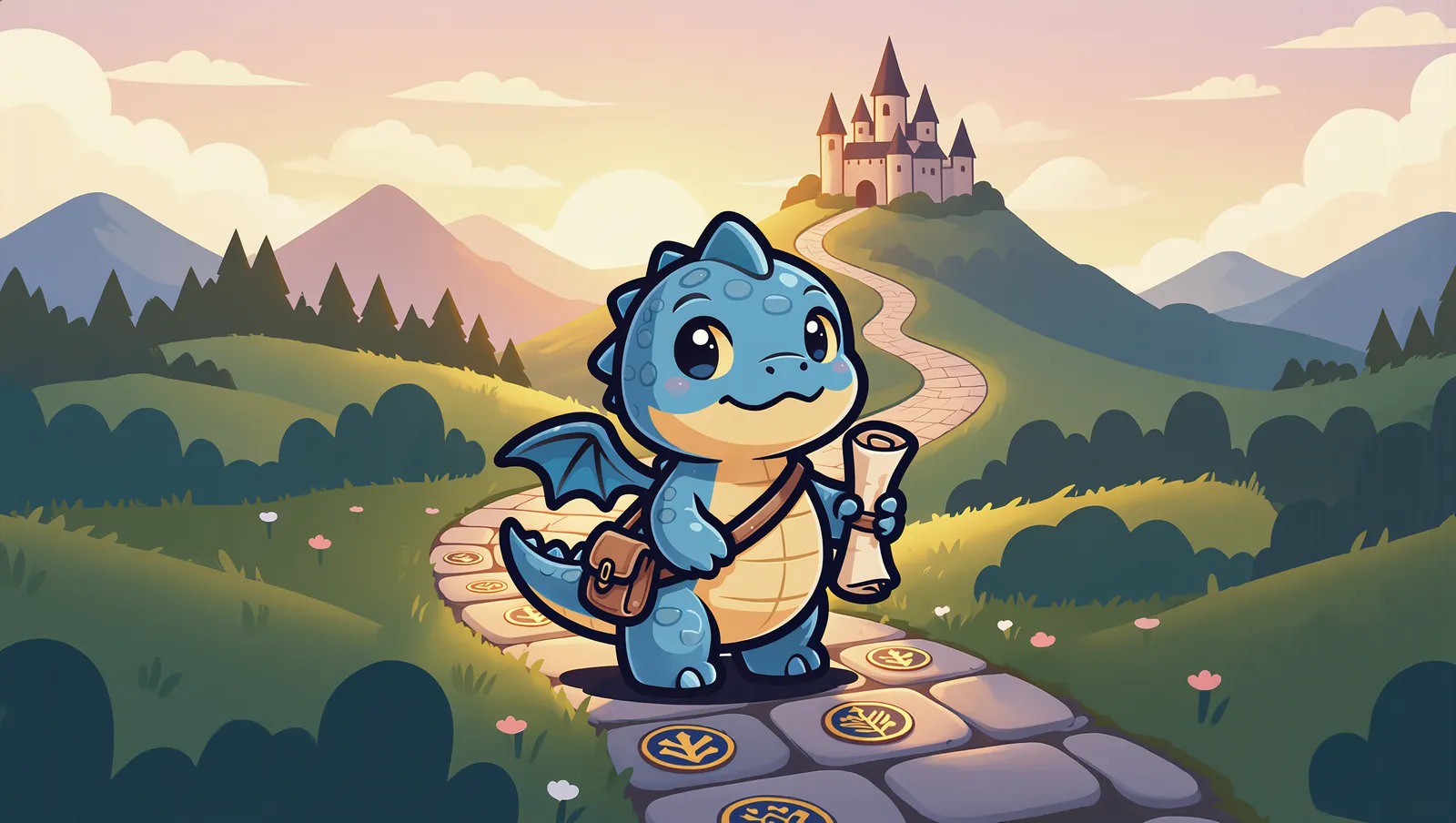 Daviel, a friendly blue cartoon dragon, standing at the start of a winding quest path that leads to a castle on a sunny hill.