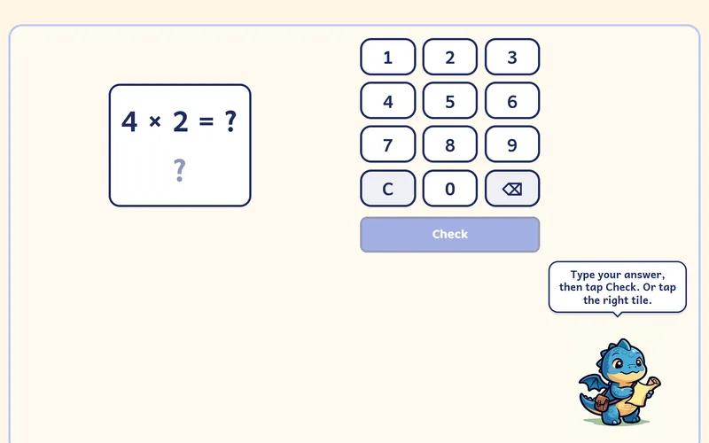 A times tables round showing 4 times 2 equals what, a number pad, and Daviel explaining how to answer.